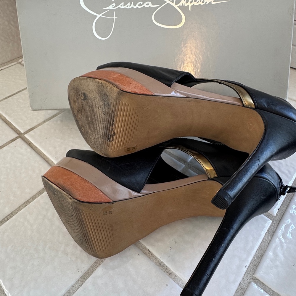 Jessica Simpson Black and Gold Cutout High-Heel Sandals - Picture 4 of 6